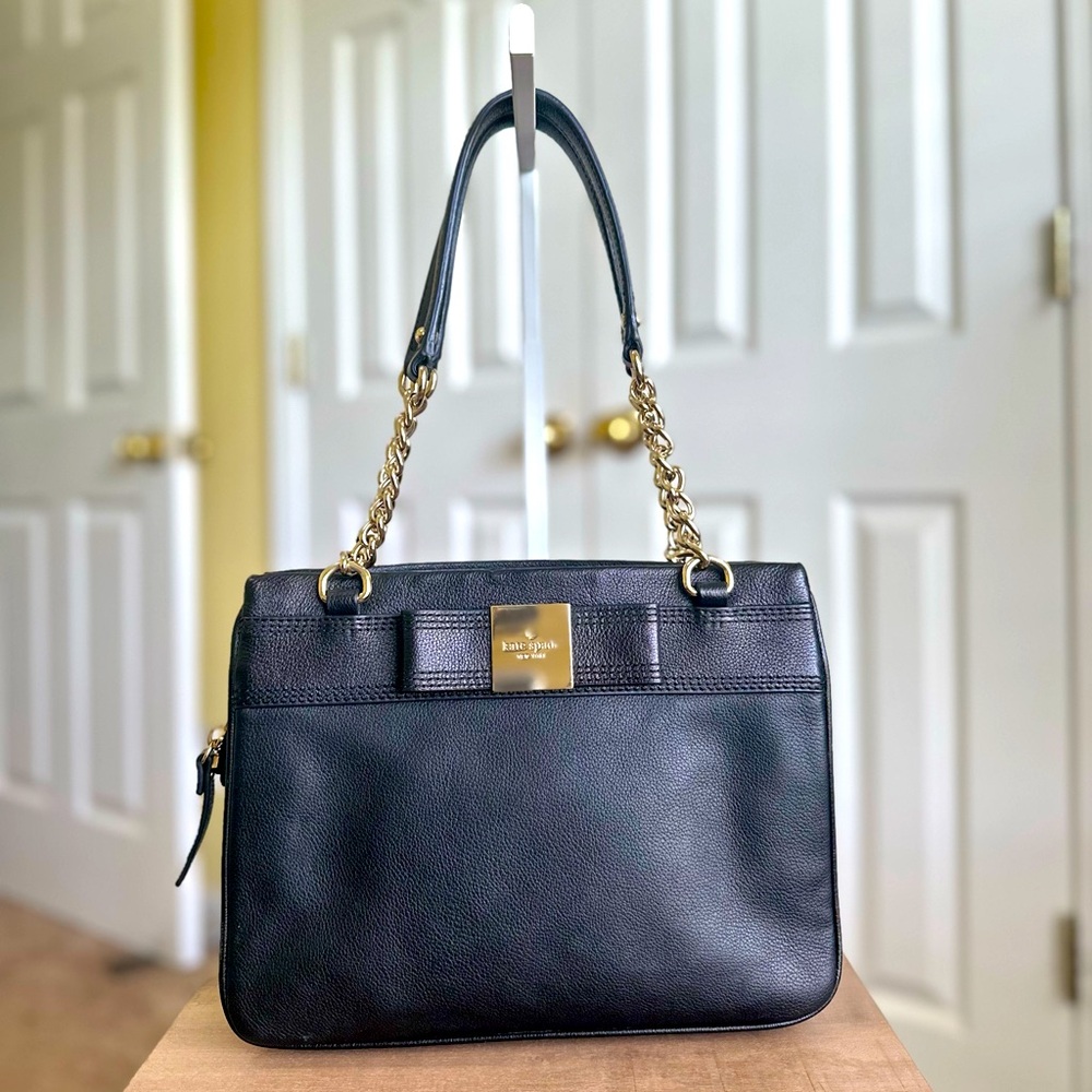 #59. Kate Spade Black Leather Bow Chain Strap Shoulder Bag, Very Good Condition